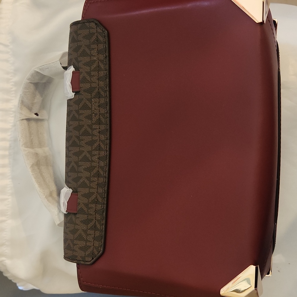 Michael Kors Dark Cherry and Brown Signature Leather Satchel/Crossbody NWT - Picture 4 of 9